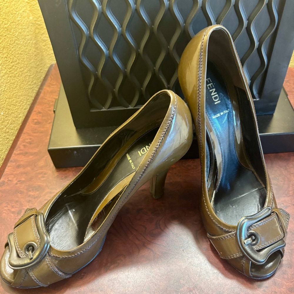 Fendi Brown Peep-Toe Heels with Buckle Detail